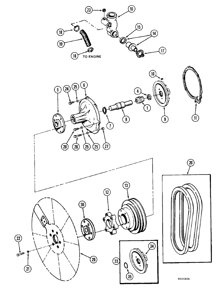 Схема запчастей Case IH 1680 - (2-10) - FAN, BELTS, THERMOSTAT AND WATER PUMP, DTI-466C DIESEL ENGINE (01) - ENGINE