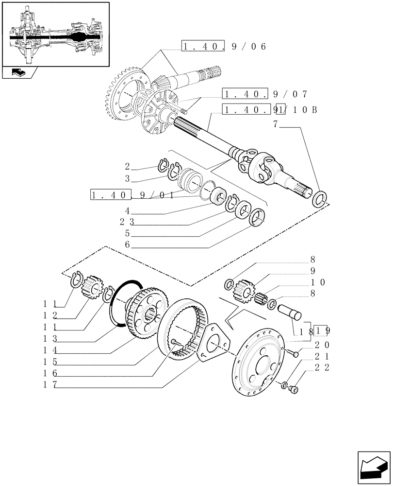 Схема запчастей Case IH PUMA 115 - (1.40. 9/10[01B]) - (CL.3) SUSPENDED FRONT AXLE WITH HYDR. DIFF. LOCK, ST. SENSOR & BRAKES-DIFF.GEARS & DIFF.SHAFT - D6449 (VAR.330427) (04) - FRONT AXLE & STEERING