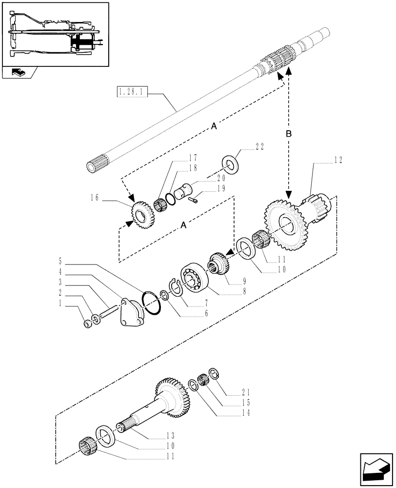 Схема запчастей Case IH FARMALL 105U - (1.28.1/01[02]) - 20X12 TRANSMISSION - CREEPER AND REVERSER DRIVEN GEARS (VAR.330113-331113) (03) - TRANSMISSION