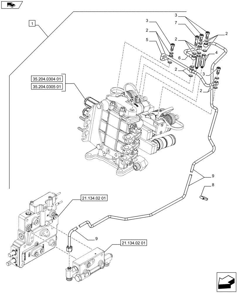 Схема запчастей Case IH FARMALL 75C - (88.035.05[04]) - DIA KIT - 1 DIVERTER FOR 3 REMOTES - PIPES - ISO (88) - ACCESSORIES