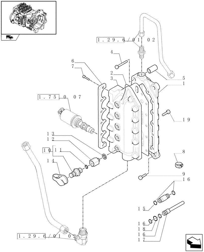 Схема запчастей Case IH PUMA 125 - (1.29.6/01[01]) - FULL POWER-SHIFT TRANSMISSION 18X6 AND 19X6 - POWER SHIFT DISTRIBUTOR AND RELATED PARTS (VAR.330285) (03) - TRANSMISSION