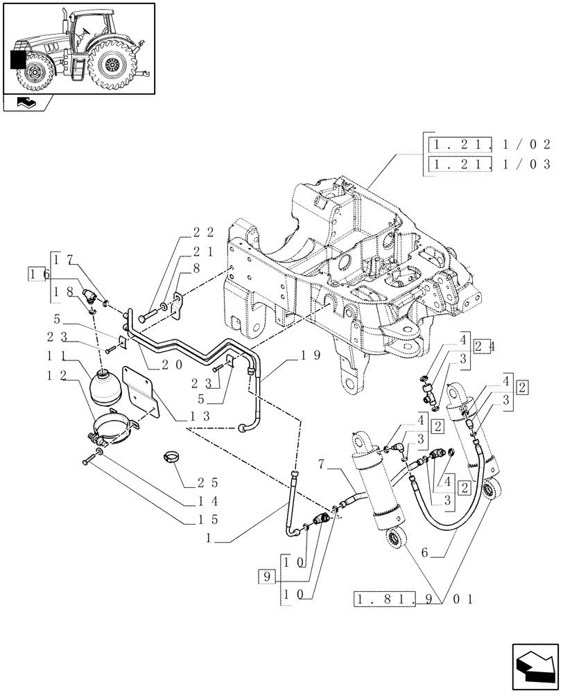 Схема запчастей Case IH MAXXUM 110 - (1.81.9[03]) - INTEGRATED FRONT HPL - PIPES AND ACCUMULATOR (VAR.333648-334648-335648-336831-337831) (07) - HYDRAULIC SYSTEM