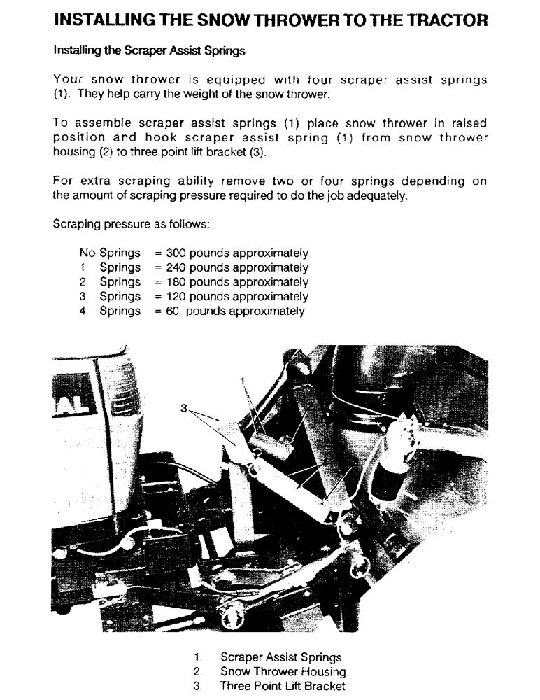 Схема запчастей Case IH ST54 - (15) - INSTALLING THE SNOW THROWER TO THE TRACTOR, CONTINUED, INSTALLING THE SCRAPER ASSIST SPRINGS 