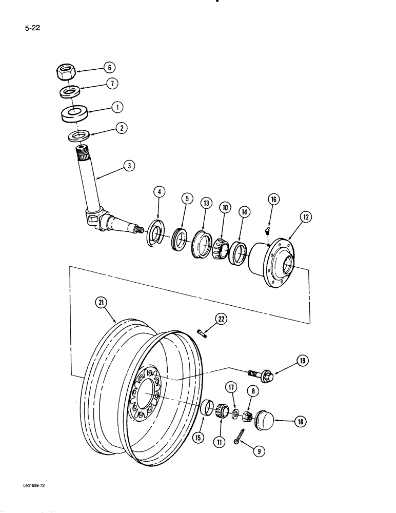 Схема запчастей Case IH 1620 - (5-22) - STEERING KNUCKLE, HUB AND WHEELS, FOR 11.00-16, 12.4-16 AND 11.2-24 WHEELS (04) - STEERING