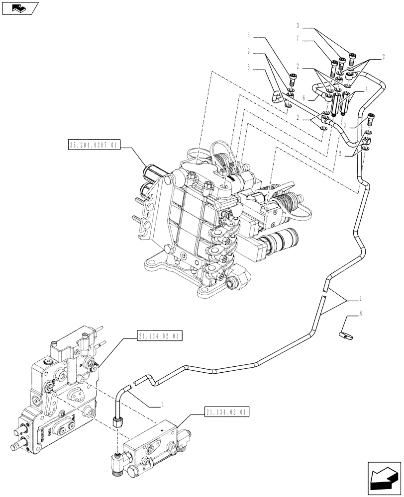 Схема запчастей Case IH FARMALL 75C - (35.204.0307[04]) - 3 REAR CONTROL VALVES WITH 8 COUPLERS (4 STD + 4 DLX) AND DIVERTER - PIPES - ISO (VAR.336195 / 743571) - END YR 23-APR-2012 (35) - HYDRAULIC SYSTEMS