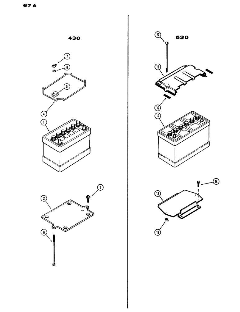 Схема запчастей Case IH 430 - (067A) - BATTERY AND SUPPORTS, 430 SERIES, 148 B SPARK IGN. ENG., AND 530 SERIES, 159 SPARK IGN. ENG. (04) - ELECTRICAL SYSTEMS