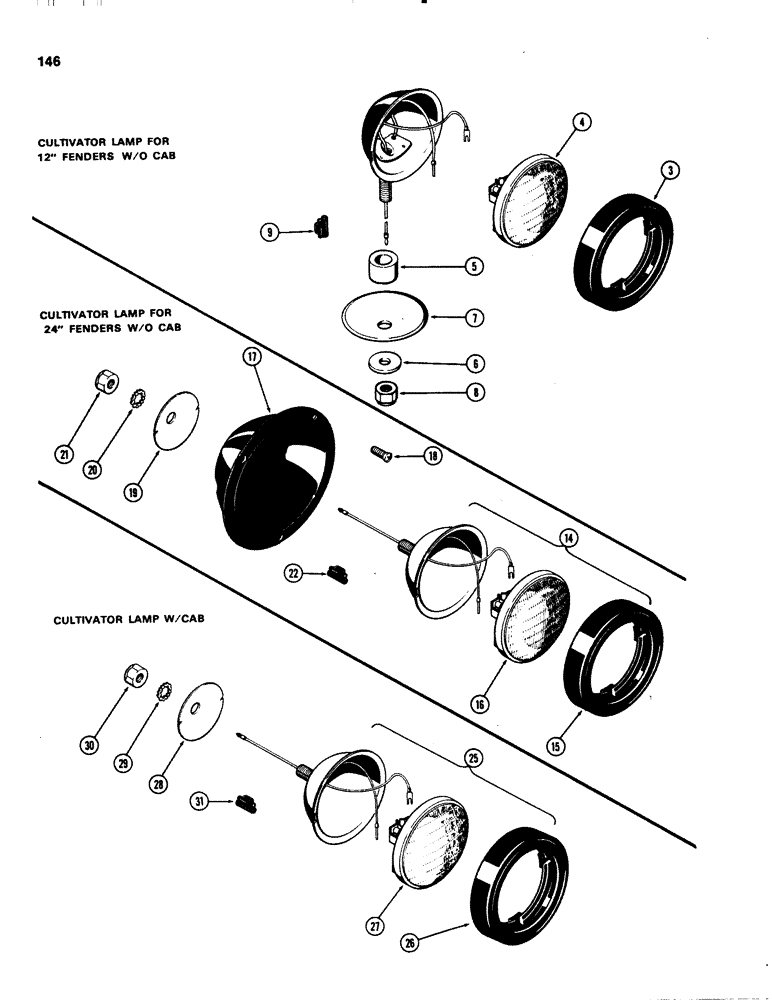 Схема запчастей Case IH 1070 - (0146) - CULTIVATING LAMPS, FOR 12" FENDER, WITHOUT CAB (04) - ELECTRICAL SYSTEMS