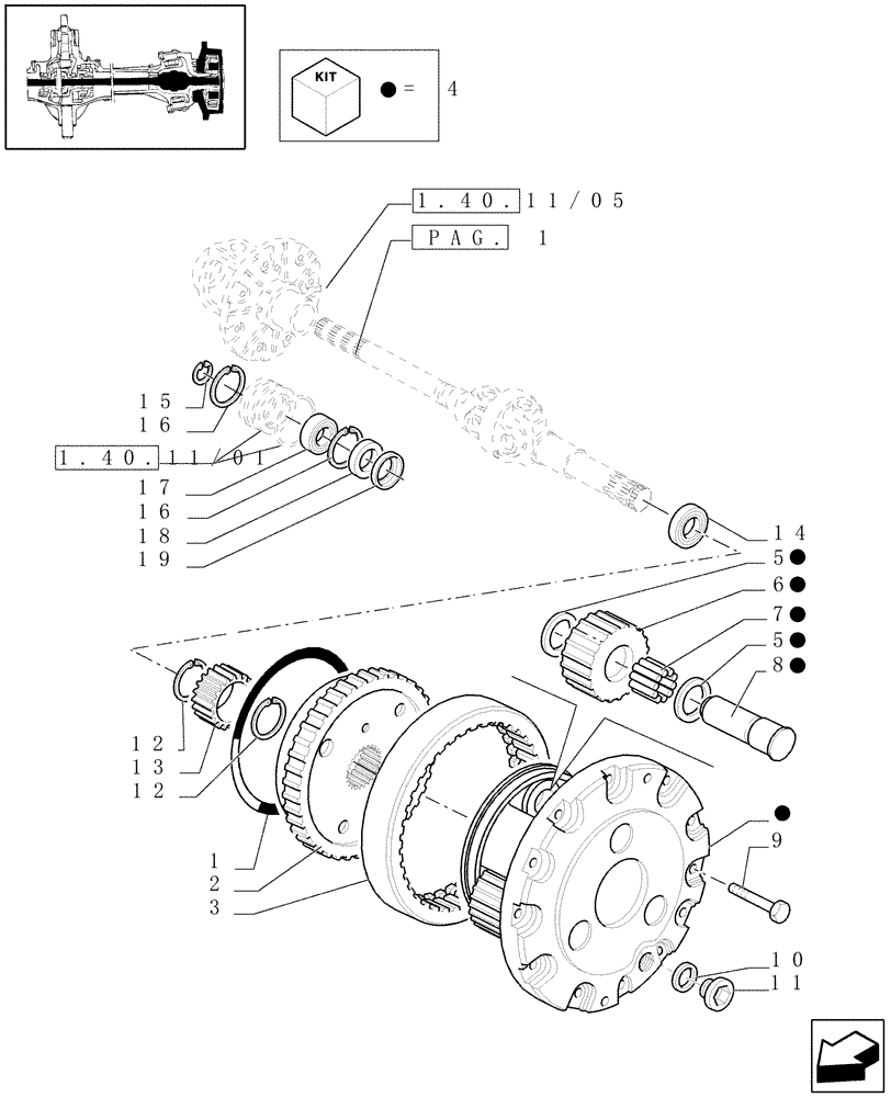 Схема запчастей Case IH JX1090U - (1.40.11/07[02]) - (VAR.406) FRONT AXLE, 40KM/H HYDR. DIFF. LOCK - GEARS AND DIFFERENTIAL SHAFT - C4998 (04) - FRONT AXLE & STEERING