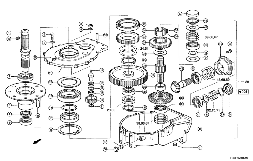 Схема запчастей Case IH RU450 - (0020) - ROTOR DRIVE, RIGHT, MIDDLE (58) - ATTACHMENTS/HEADERS