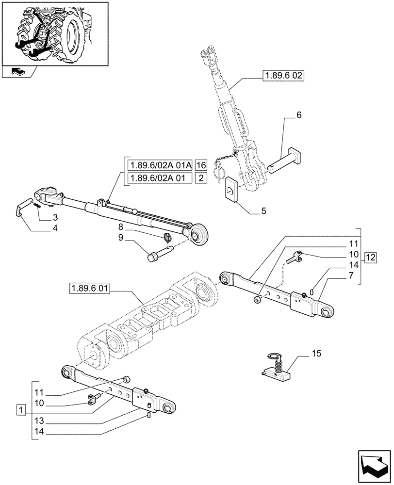 Схема запчастей Case IH MAXXUM 120 - (1.89.6/02) - CAT.2 FLEXIBLE LINKS FOR EDC - LIFT ARMS AND TOP LINK (VAR.331970) (09) - IMPLEMENT LIFT