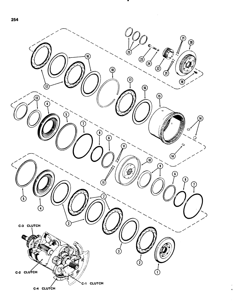 Схема запчастей Case IH 1070 - (0254) - CLUTCH, C-2 AND C-3, POWER SHIFT, 1ST USED TRANSMISSION SERIAL NUMBER 10063614 (06) - POWER TRAIN