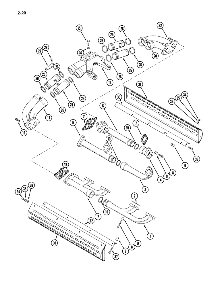 Схема запчастей Case IH 4994 - (2-20) - EXHAUST MANIFOLD, 866 CUBIC INCH DIESEL ENGINE (02) - ENGINE