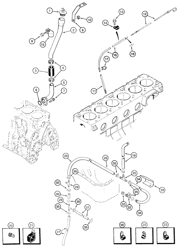 Схема запчастей Case IH 2344 - (02-23) - OIL SYSTEM, ENGINE - MECANISMO DA VÁLVULA OIL FILL TUBE AND DIPSTICK (01) - ENGINE