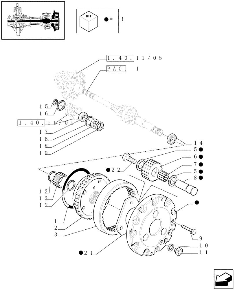 Схема запчастей Case IH JX1090U - (1.40.11/07[02A]) - (VAR.406) FRONT AXLE, 40KM/H HYDR. DIFF. LOCK - GEARS AND DIFFERENTIAL SHAFT - D4998 (04) - FRONT AXLE & STEERING