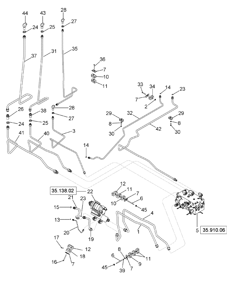 Схема запчастей Case IH 625 - (35.910.05) - HYDRAULIC PLUMBING - AUGER, COMPACTOR, AND DOORS, LEFT HAND (35) - HYDRAULIC SYSTEMS