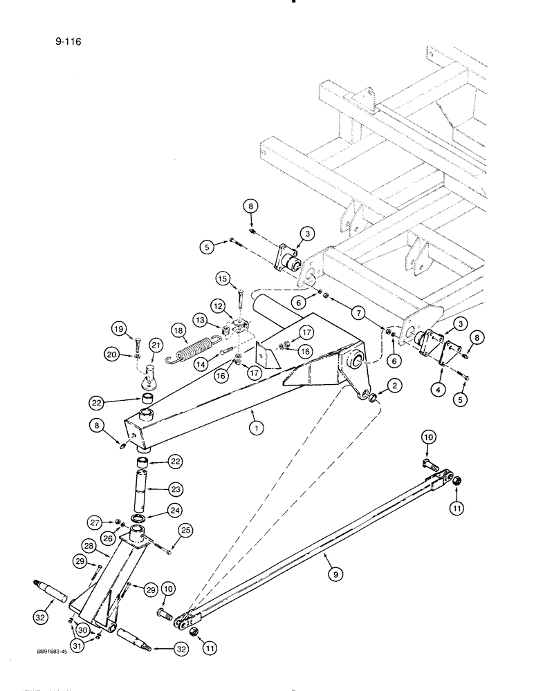 Схема запчастей Case IH 8500 - (9-116) - TRANSPORT ARM PARTS, USED W/ FRAME SECTION NUMBER 4, UNITS W/ SPRING CENTERED CASTER, 45 WIDE DRILL (09) - CHASSIS/ATTACHMENTS