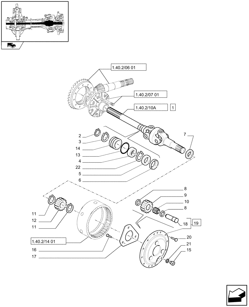 Схема запчастей Case IH MAXXUM 110 - (1.40.2/10) - (CL.3) SUSPENDED FRONT AXLE WITH HYDR. DIF. LOCK, STEERING SENSOR AND BRAKES - GEARS AND DIF. AXLE (VAR.330427) (04) - FRONT AXLE & STEERING