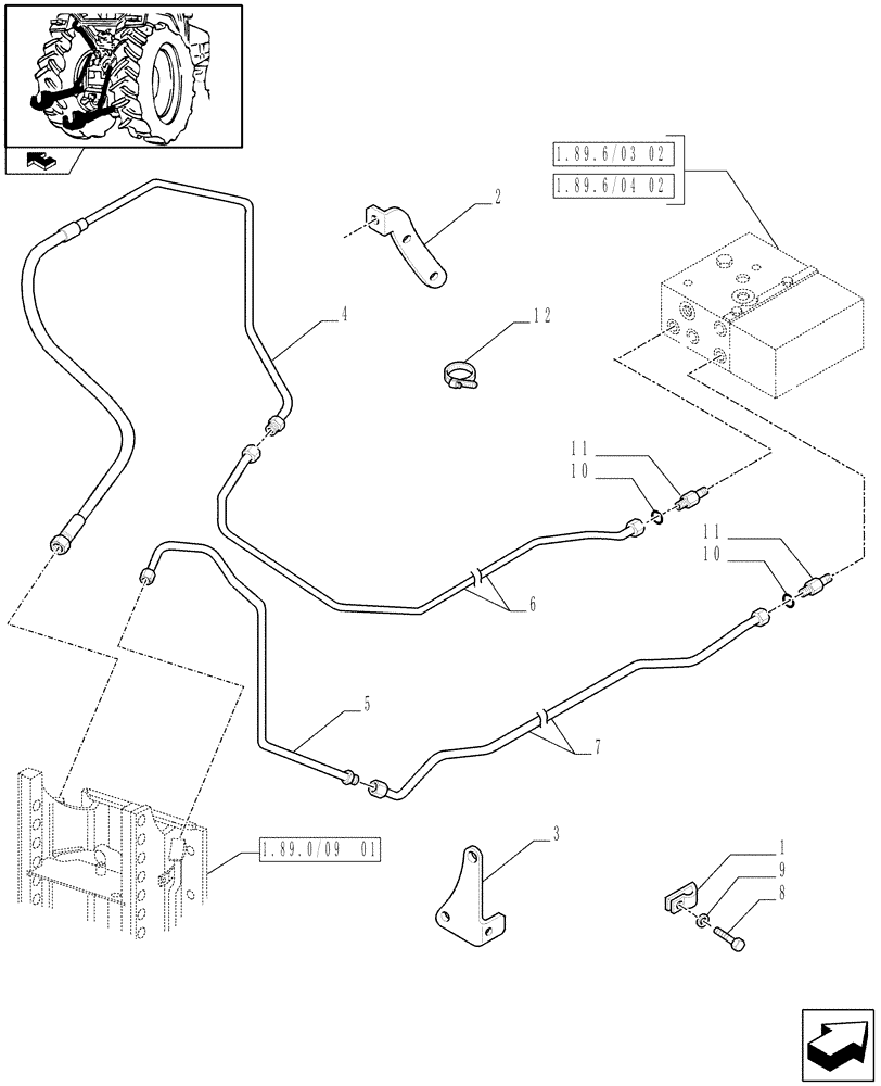 Схема запчастей Case IH FARMALL 105V - (1.89.0/09[02]) - HIDRAULIK STABILISERS WITH SLIDER TYPE HITCH SUPPORT - PIPES (VAR.334945-336945) (09) - IMPLEMENT LIFT