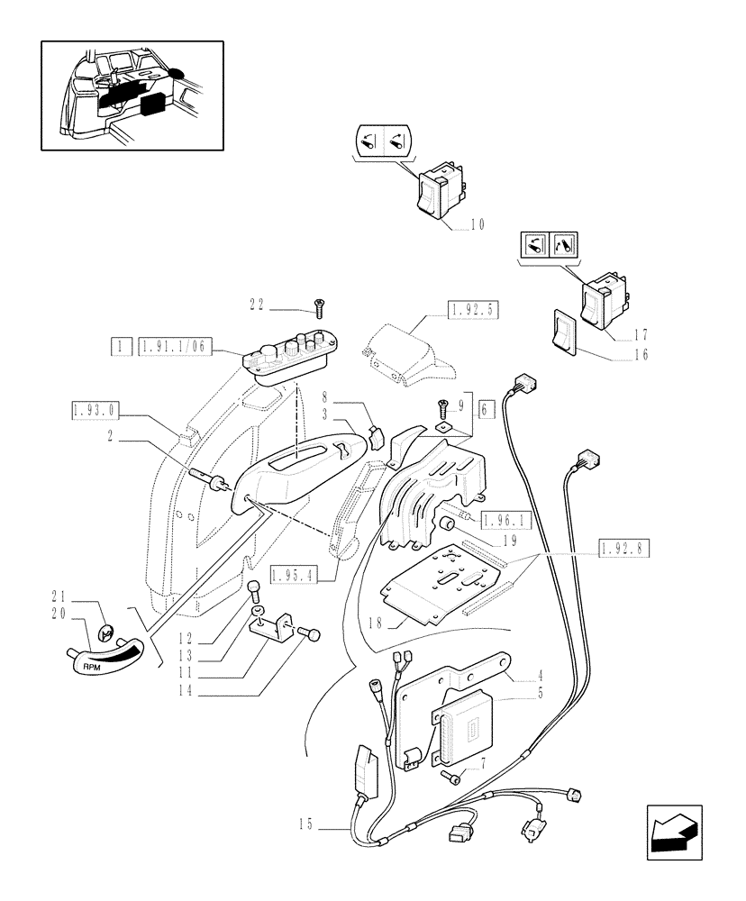 Схема запчастей Case IH JX100U - (1.91.1/04) - (VAR.832-836) ELECTRONIC LIFTING - CONTROL PANEL (10) - OPERATORS PLATFORM/CAB