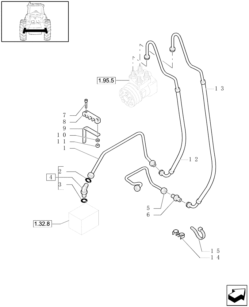 Схема запчастей Case IH MXU130 - (1.42.0/02) - (VAR.097) FIXED DELIVERY PUMP FOR 16X16 GEARBOX - POWER STEERING PIPES (04) - FRONT AXLE & STEERING