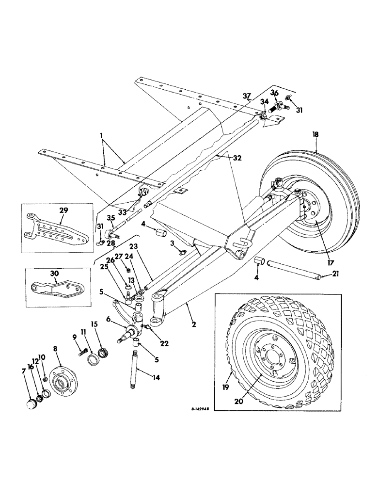 Схема запчастей Case IH 503 - (127) - GUIDE WHEEL AXLE, SUPPORT, RIM DISC, TIRE, AND TUBE, GRAIN, SERIAL NO. 2431 AND ABOVE (27) - REAR AXLE SYSTEM