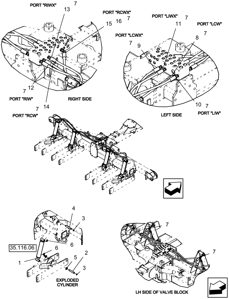 Схема запчастей Case IH 1250 - (35.100.03[02]) - HYDRAULICS - CENTER LIFT WHEELS HOSE ROUTING - 16 ROW ASN Y9S007001 (35) - HYDRAULIC SYSTEMS