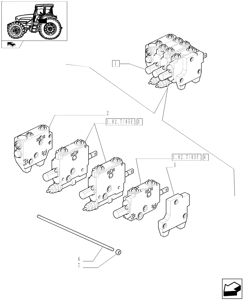 Схема запчастей Case IH FARMALL 95U - (1.82.7/06B) - THREE CONTROL VALVES (BOSCH) - PARTS - D6083 (07) - HYDRAULIC SYSTEM