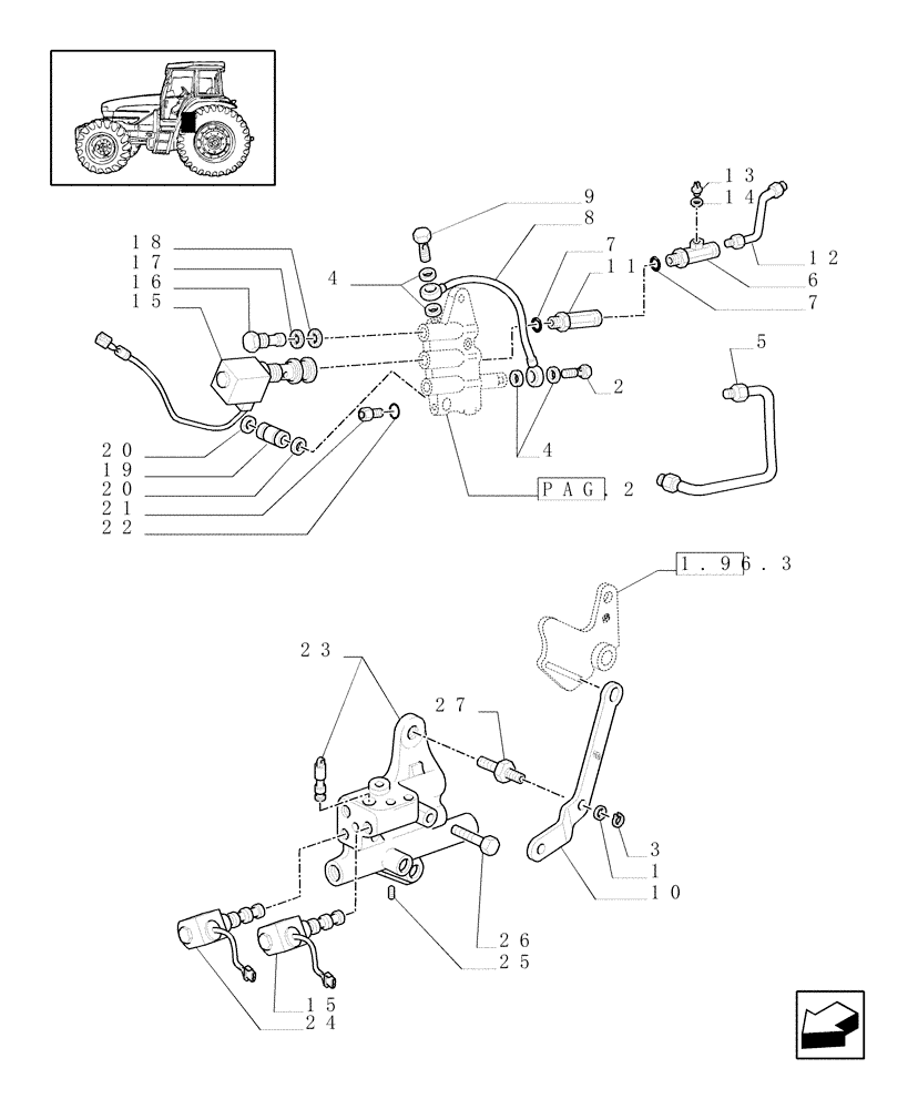 Схема запчастей Case IH JX90U - (1.33.2/01[01]) - IDLER CONTROLS - 4WD - PIPES & SOLENOID VALVES (04) - FRONT AXLE & STEERING