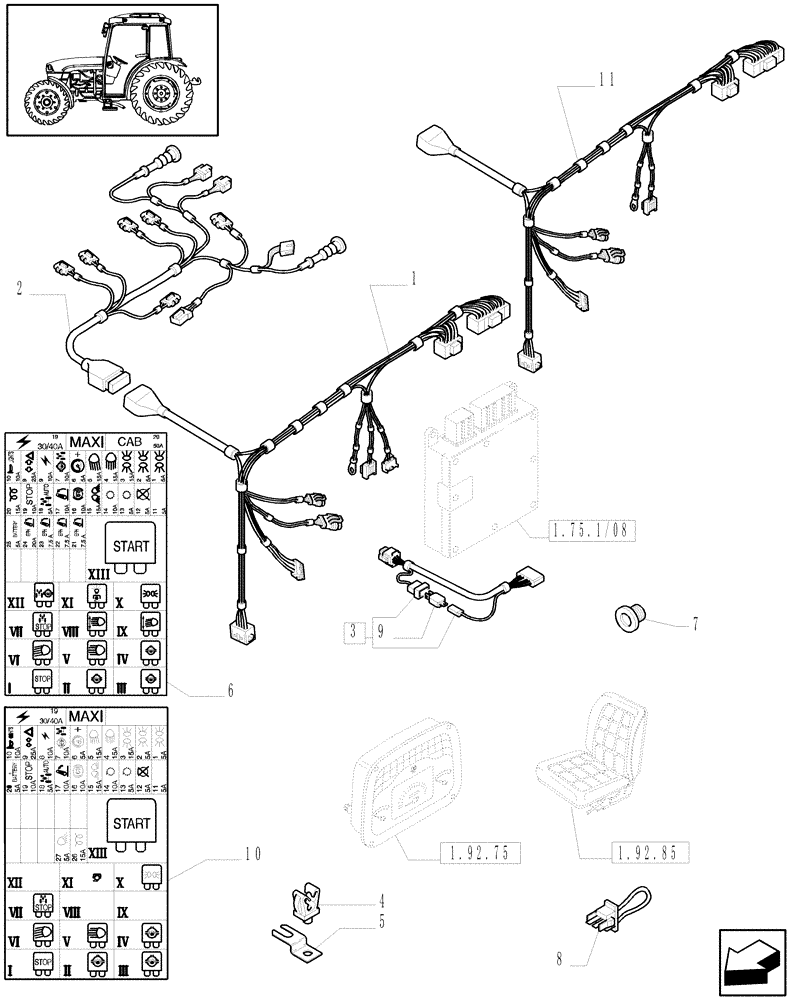 Схема запчастей Case IH JX1095C - (1.92.75/12) - (VAR.068/1-069) ISO - 12X12 (40KM/H) WITH SYNCHRO GEAR AND POWER SHUTTLE - ELECTRIC CABLES (10) - OPERATORS PLATFORM/CAB