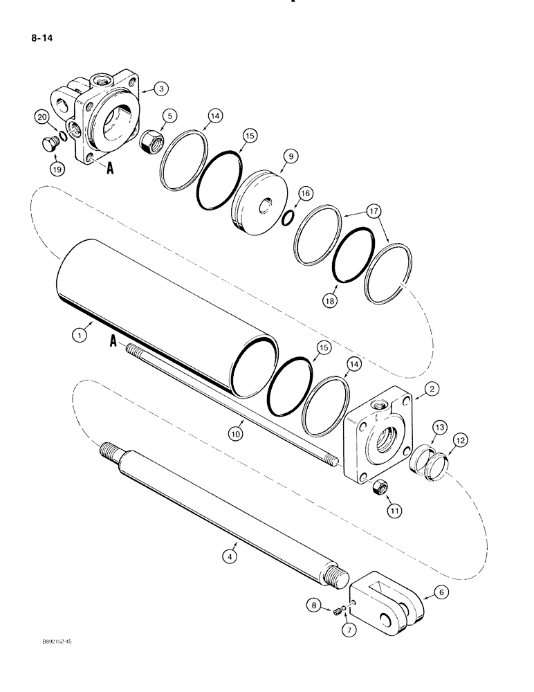 Схема запчастей Case IH 596 - (8-14) - WING FOLDING CYLINDER - 84993C91, CYLINDER PART NUMBER IS STAMPED ON TUBE (08) - HYDRAULICS