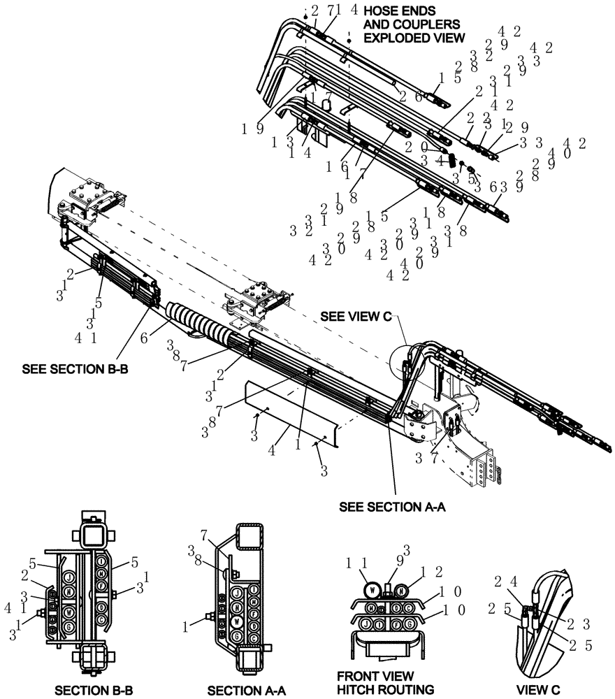 Схема запчастей Case IH 1200PT - (F.10.G[02]) - LAYOUT TAKE UP CARRIER HOSE ROUTING 12/23 ROW (BTW CBJ0011171 AND CBJ022251) F - Frame Positioning