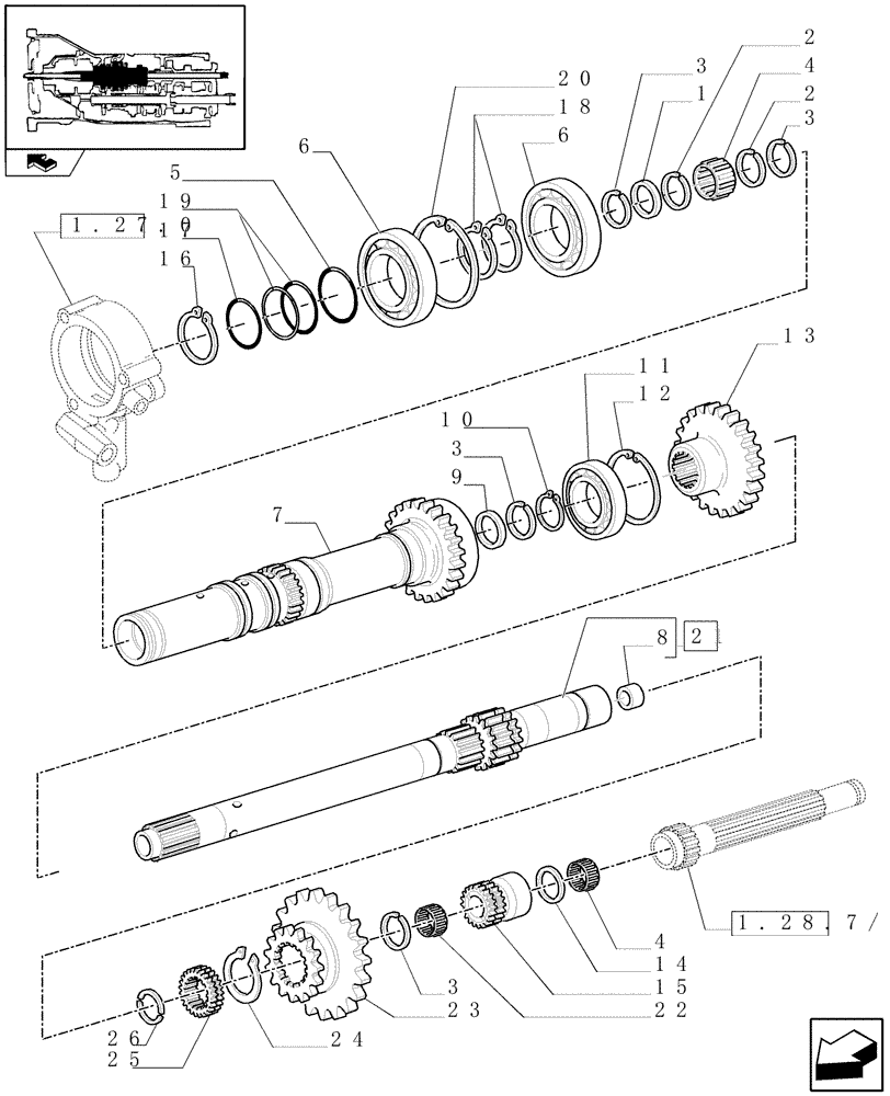 Схема запчастей Case IH FARMALL 85U - (1.28.1/06[01]) - 20X20 POWER SHUTTLE TRANSMISSION WITH CREEPER - REVERSER MAIN SHAFTS AND GEARS (VAR.330299-331299-332299-333299) (03) - TRANSMISSION