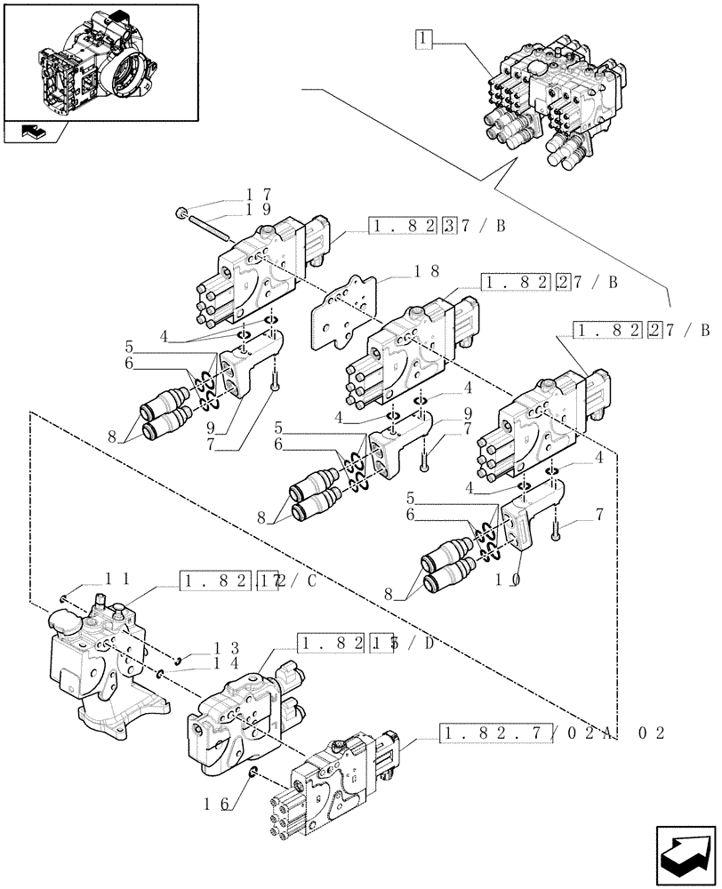 Схема запчастей Case IH PUMA 165 - (1.82.7/02A[01]) - REAR ELECTRONIC REMOTE CONTROL VALVES WITH 5 ELEMENTS - BREAKDOWN (07) - HYDRAULIC SYSTEM