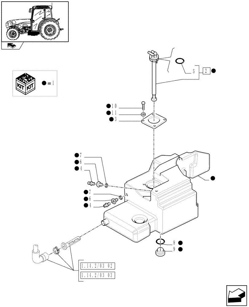 Схема запчастей Case IH FARMALL 85N - (1.14.2/03[01]) - SMALL FUEL TANK - SIDE FUEL TANK (VAR.332143 / 743501) (02) - ENGINE EQUIPMENT