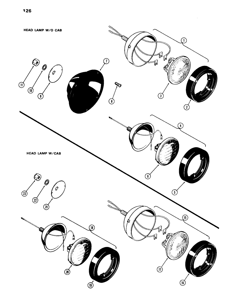 Схема запчастей Case IH 870 - (126) - LIGHTING EQUIPMENT, HEAD LAMPS, WITHOUT CAB, DUAL BEAM (04) - ELECTRICAL SYSTEMS