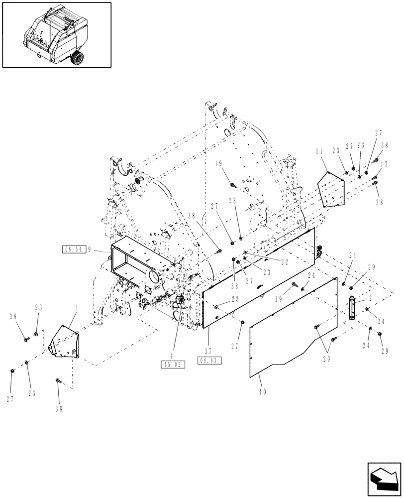 Схема запчастей Case IH RBX563 - (08.57[1]) - SHIELDS, BALE COMMAND™, TWINE, PRIOR TO P.I.N. Y6N016413 (08) - SHEET METAL/DECALS