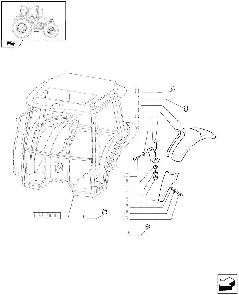 Схема запчастей Case IH FARMALL 60 - (1.92.87[01]) - MUDGUARDS AND FOOTBOARDS - W/CAB (10) - OPERATORS PLATFORM/CAB