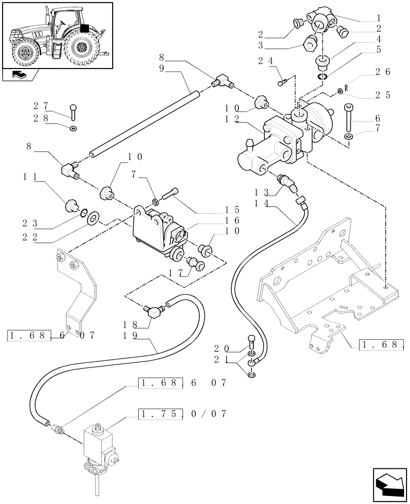 Схема запчастей Case IH MAXXUM 110 - (1.68.6[08]) - PNEUMATIC TRAILER BRAKE - CONTROL VALVE AND RELEVANT PARTS (VAR.332727-332737-332739) (05) - REAR AXLE