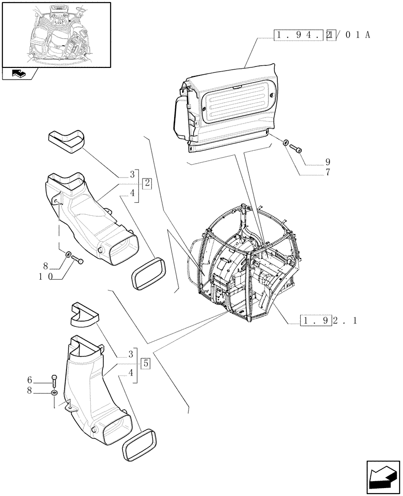 Схема запчастей Case IH MAXXUM 120 - (1.94.2/01[01]) - AIR CONDITIONING WITH AUTOMATIC TEMPERATURE CONTROL - FAN AND VENTILATION DUCTS (VAR.330643) (10) - OPERATORS PLATFORM/CAB