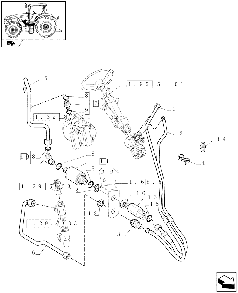 Схема запчастей Case IH MAXXUM 110 - (1.42.0[04]) - POWER STEERING DELIVERY AND RETURN PIPES FOR FAST STEER (04) - FRONT AXLE & STEERING