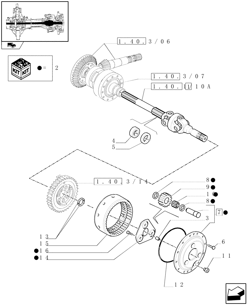 Схема запчастей Case IH PUMA 125 - (1.40. 3/10[01]) - (CL.4) FRONT AXLE W/MULTI-PLATE DIFF. LOCK, ST. SENSOR AND BRAKES - GEARS AND SHAFTS - C5831 (VAR.330426) (04) - FRONT AXLE & STEERING