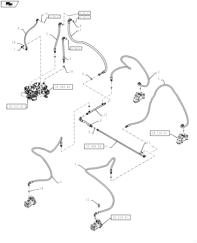 Схема запчастей Case IH 4430 - (35.900.11) - DRIVE MOTOR CASE DRAIN LINES (35) - HYDRAULIC SYSTEMS