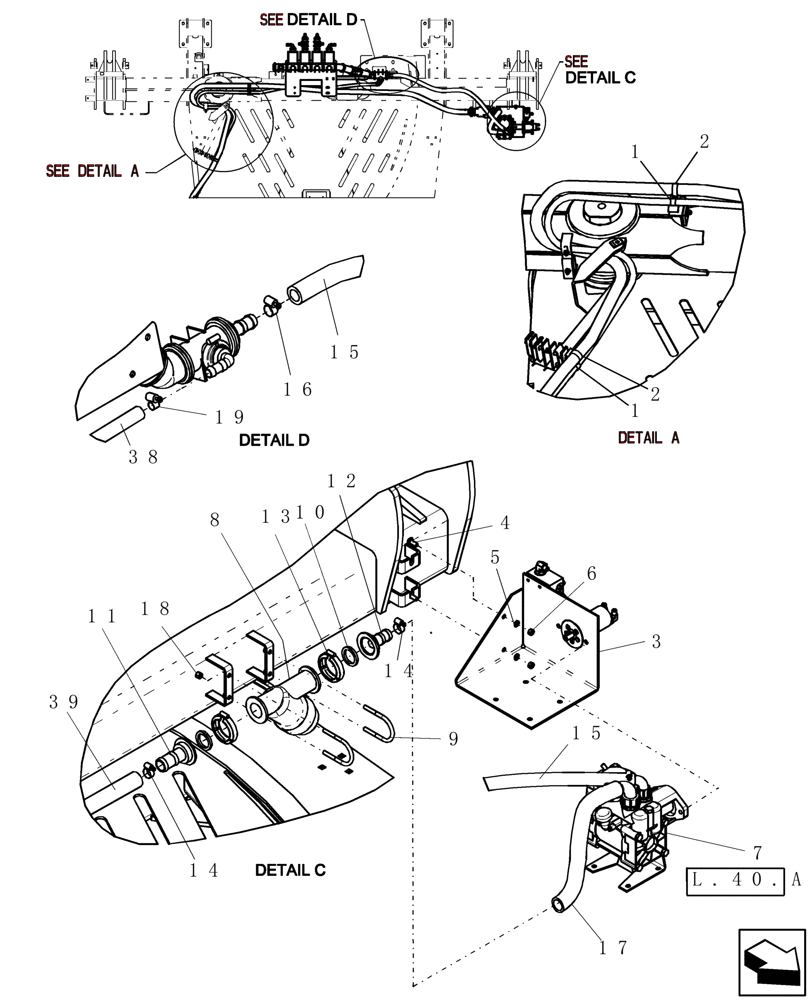 Схема запчастей Case IH 1200PT - (L.40.A[22]) - LAYOUT LIQUID FERTILIZER TONGUE HOSE ROUTING, 12/23 ROW, 16/31 ROW & 24 ROW - REAR DETAILS (ASN CBJ022252) L - Field Processing