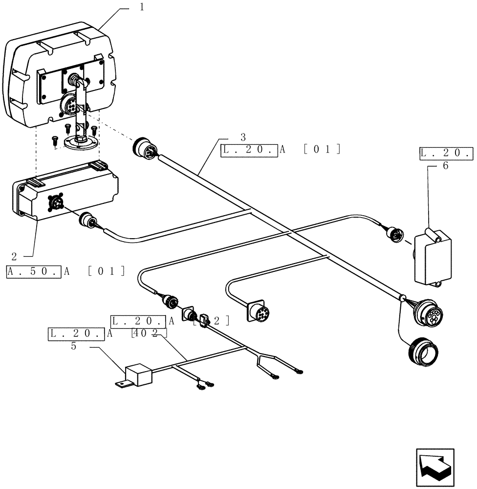 Схема запчастей Case IH SRX160 - (A[03]) - LAYOUT ELECTRICAL - 4 LINE MONITOR , CONSOLE SWITCH UNIT AND TRACTOR HARNESS A - Distribution Systems