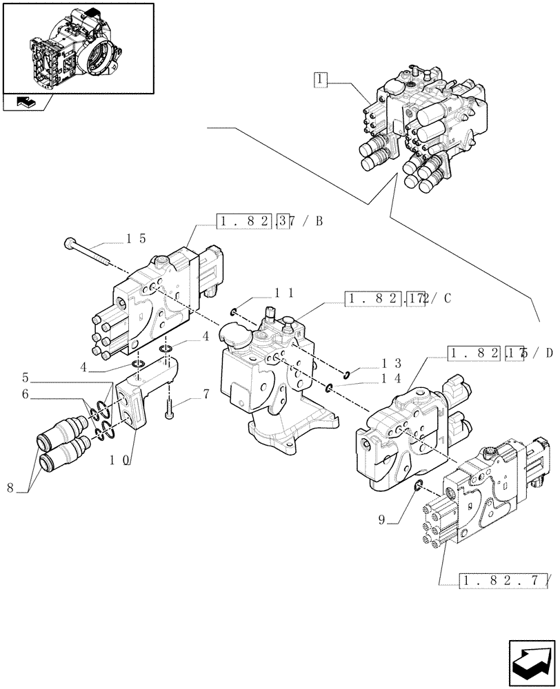 Схема запчастей Case IH PUMA 195 - (1.82.7/03A[01]) - REAR ELECTRONIC REMOTE CONTROL VALVES WITH 3 ELEMENTS AND POWER BEYOND - BREAKDOWN (07) - HYDRAULIC SYSTEM