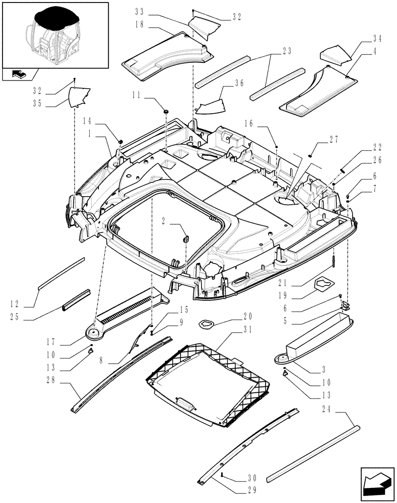 Схема запчастей Case IH PUMA 165 - (1.94.0/03[02]) - (VAR.079-097-369) NAR ROOF WITH HIGH PROFILE WITH HIGH VISIBILITY PANEL - FRAME (10) - OPERATORS PLATFORM/CAB