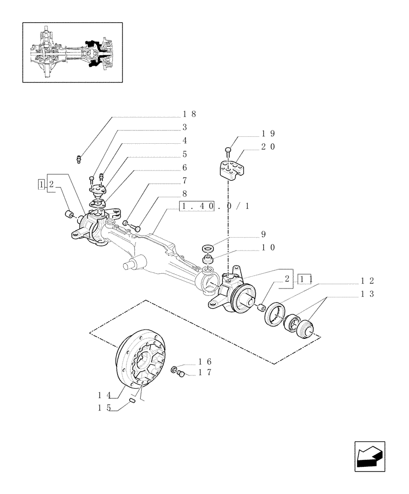 Схема запчастей Case IH JX100U - (1.40.0/24[02]) - (VAR.327/1) ELECTROHYD. FRONT DIFFENTIAL LOCK, BRAKES AND MUDGUARDS - STEERING PIVOT PIN (04) - FRONT AXLE & STEERING