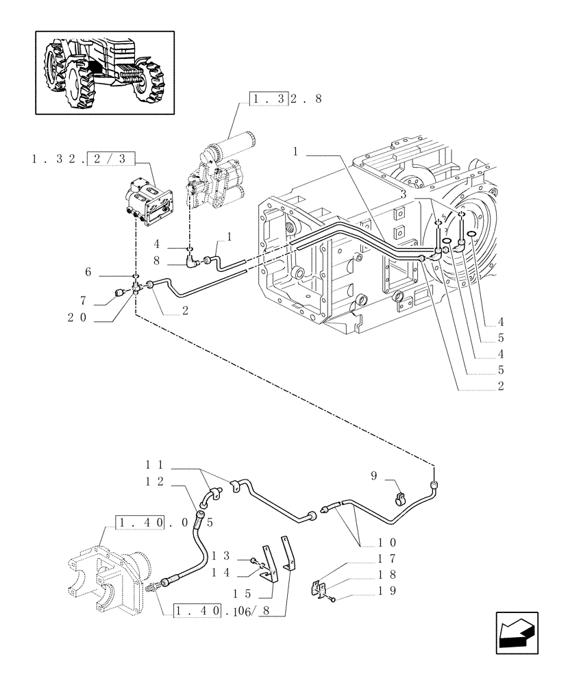 Схема запчастей Case IH MXM140 - (1.32.8/03[01]) - (VAR.272) HI-LO 24X12 (SHUTTLE 40 KM/H) / LUBRICATION PIPING (03) - TRANSMISSION