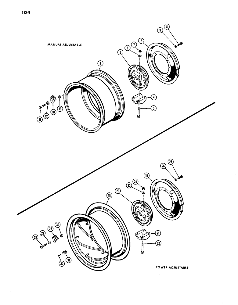 Схема запчастей Case IH 1030 - (104) - REAR WHEELS WITH 38 INCH RIMS, MANUAL ADJUSTABLE, CLAMP TYPE HUB (06) - POWER TRAIN