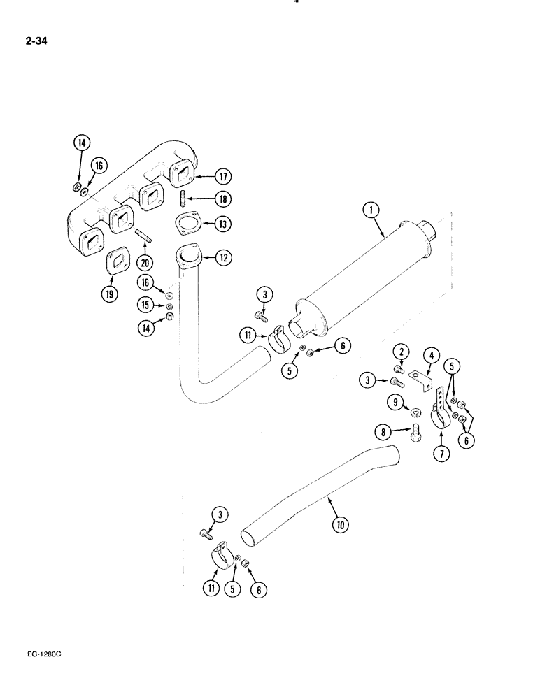 Схема запчастей Case IH 885 - (2-034) - EXHAUST AND MANIFOLD, UNDERSLUNG, P.I.N. 18001 AND AFTER (02) - ENGINE